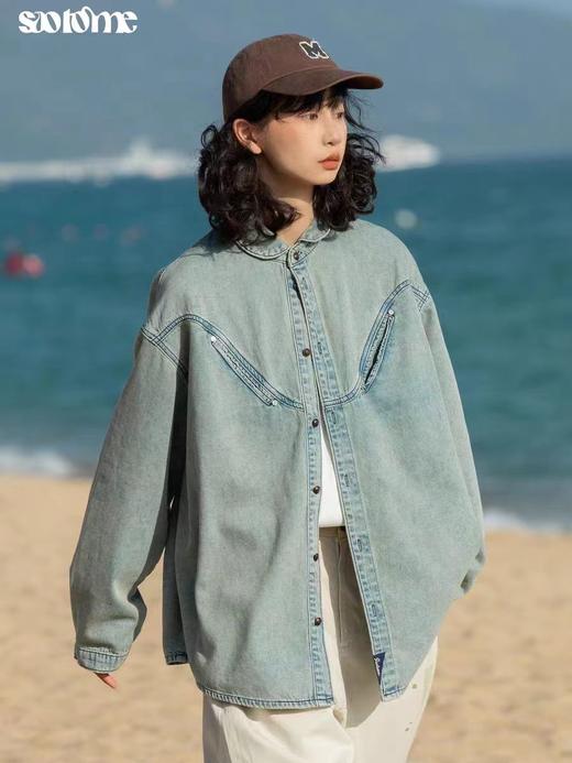 早乙女惠子saotome/STMCS231242/ 日系复古百搭水洗牛仔双嵌口袋青果领衬衫外套 商品图2