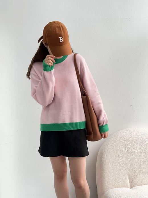 春秋高级感粉色针织打底衫女撞色小香宽松内搭别致上衣外穿 商品图3