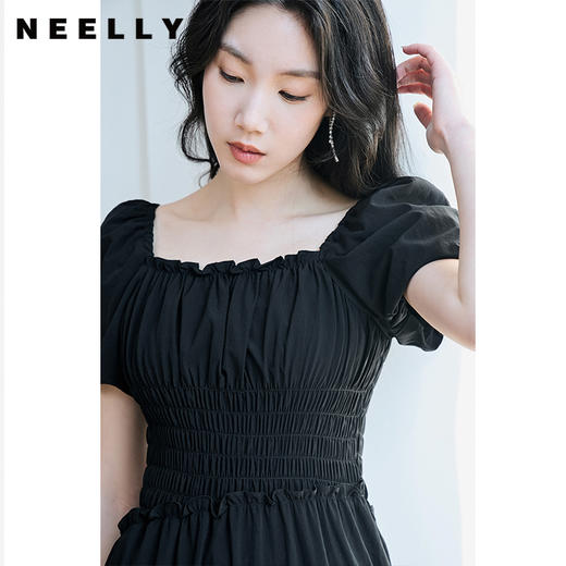 NEELLY纳俪商场同款泡泡袖方领连衣裙女中长款显瘦法式气质小黑裙N23074Y03339 商品图2