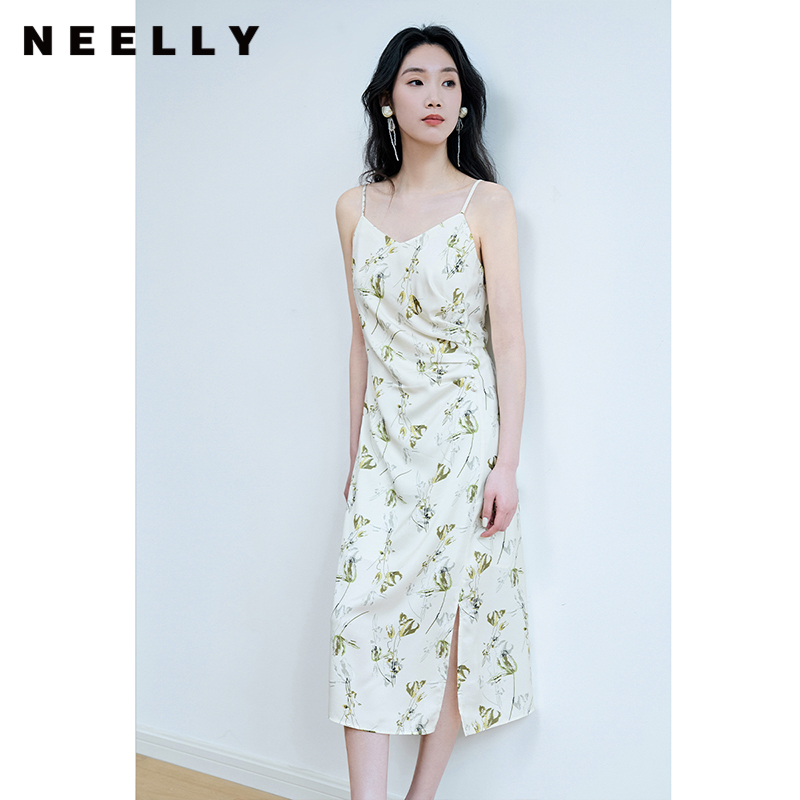 NEELLY纳俪商场同款高级感度假风开叉吊带连衣裙女法式优雅中长裙N23074Y03342
