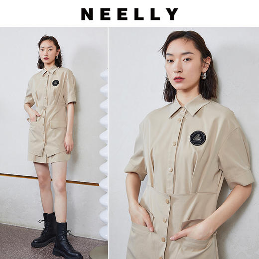 NEELLY纳俪商场同款工装风甜酷飒假两件徽章拼接口袋衬衫连衣裙N23044Q04580 商品图1