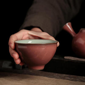问鼎汝瓷萼红精工款折口杯 景德镇陶瓷手工复古茶杯礼盒装汝瓷