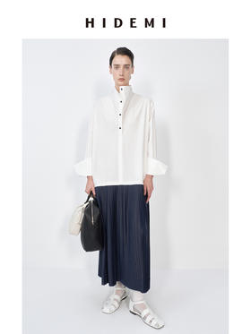 HIDEMI 极简设计感立领纽扣式拼接撞色衬衫连衣裙百褶裙