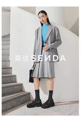 森达2024年春季新款真皮学院风粗跟休闲女鞋