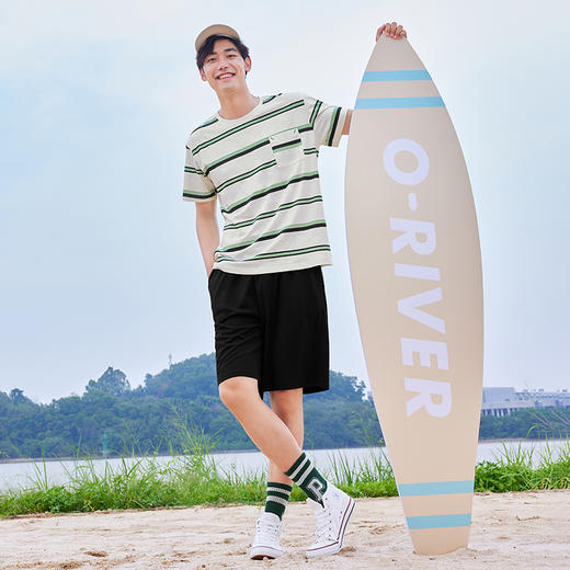 都市丽人都市锋尚舒适外出春夏睡衣男纯棉色织条家居服薄款短袖短裤男士纯棉套装FH42B8 商品图1