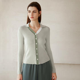 【棉质坑条纹撞色开衫】24年春夏新款女士V领修身显瘦针织小外套