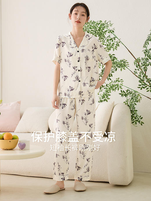 康妮雅女式短袖长裤开襟套装 商品图1