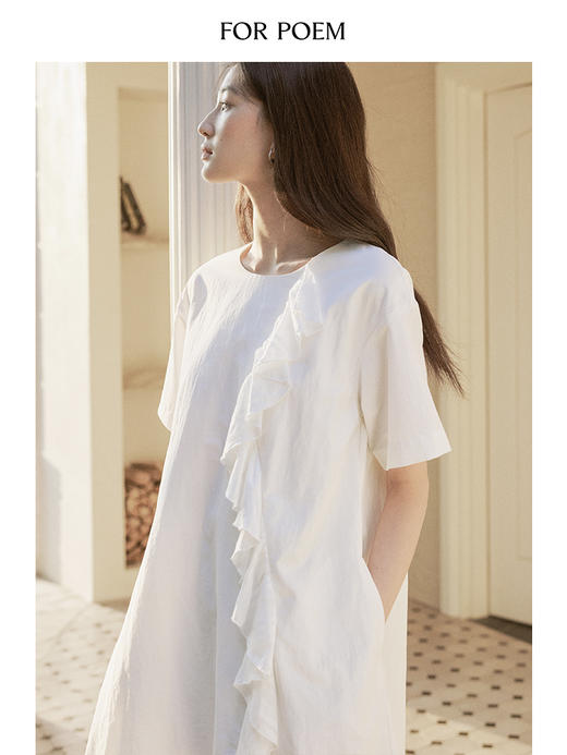 ForPoem 现货 24/SS原创设计春季新款木耳花边白色简约短袖连衣裙女 商品图4