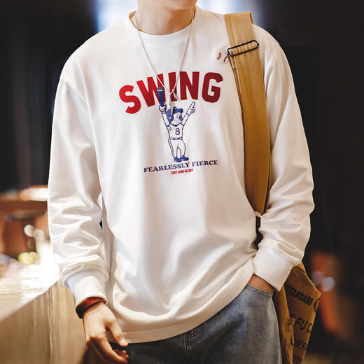 工装优选 美式复古字母棒球印花长袖T恤圆领内搭纯棉打底衫男春季 商品图0