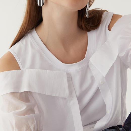 谜底露肩上衣女2024夏季新款时尚圆领拼接收腰衬衫短袖246MS7038 商品图3