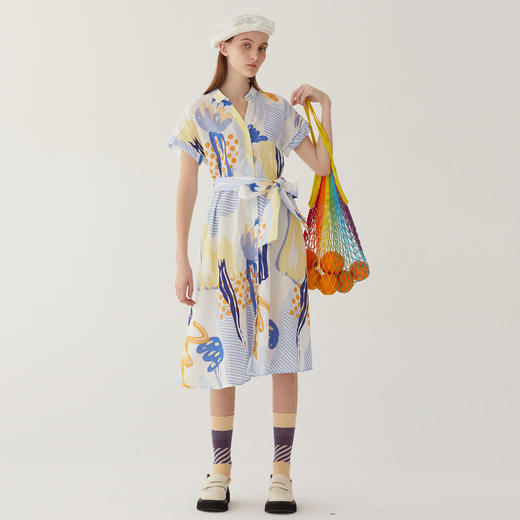 谜底复古花色V领连衣裙短袖2024夏季新款收腰长裙配腰带246ML7033 商品图0