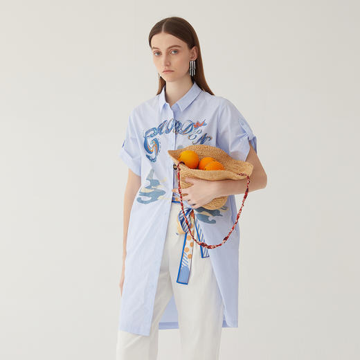 谜底宽松H型衬衫式连衣裙女2024夏季新款印花刺绣中长裙246ML7035 商品图1