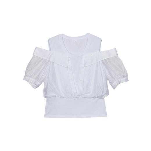 谜底露肩上衣女2024夏季新款时尚圆领拼接收腰衬衫短袖246MS7038 商品图4