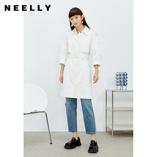 NEELLY纳俪风衣女2022年新款单排扣收腰系带中长款外套气质泡泡袖N22074F04442 商品图2