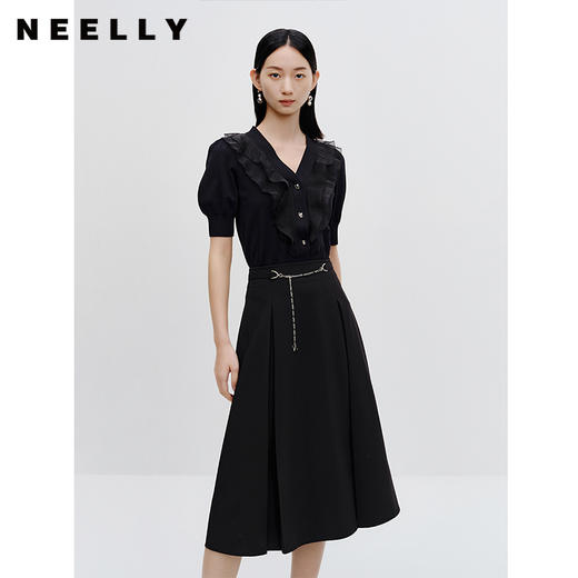 NEELLY纳俪商场同款黑色半身裙女中长款优雅链条系带收腰A字裙N24024E04556 商品图2