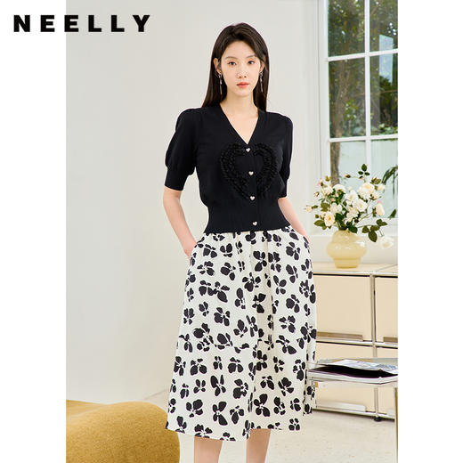 NEELLY纳俪商场同款v领针织衫黑色泡泡袖2023今年流行漂亮上衣女N24034A04562 商品图1