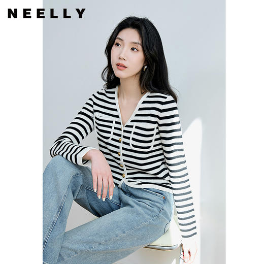 NEELLY纳俪商场同款V领条纹黑白撞色针织衫元气减龄百搭开衫上衣N23084A03307 商品图2