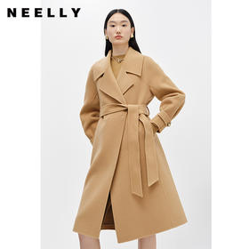 NEELLY纳俪商场同款大气翻领双面呢外套女中长款驼色收腰系带大衣N23104N04403