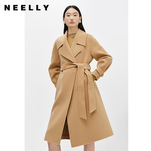 NEELLY纳俪商场同款大气翻领双面呢外套女中长款驼色收腰系带大衣N23104N04403 商品图0