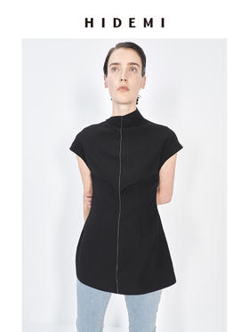 HIDEMI 极简设线条设计感走线黑白撞色不对称立领收腰上衣