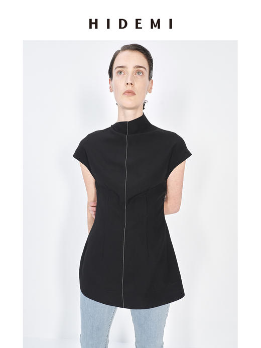 HIDEMI 极简设线条设计感走线黑白撞色不对称立领收腰上衣 商品图0