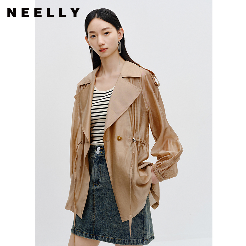 NEELLY纳俪商场同款薄款一粒扣风衣外套女抽绳收腰微透上衣含天丝N24034F04565