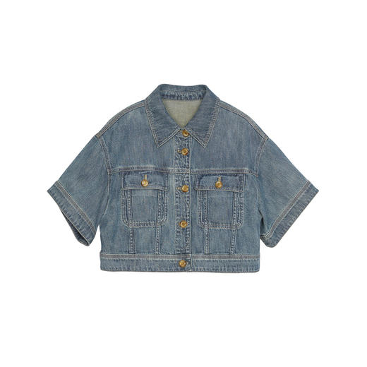 谜底短款丹宁牛仔外套短袖女2024春新款复古风翻领上衣241MW0012 商品图4