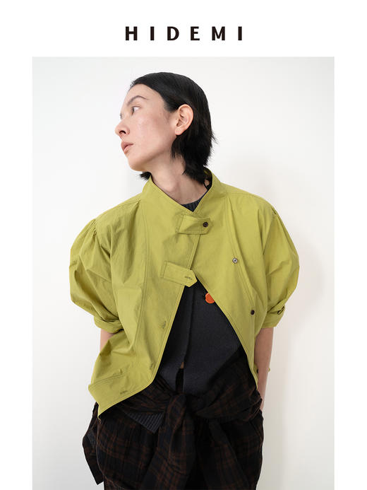 HIDEMI 质感小立领风衣型微褶皱水洗棉衬衫上衣 商品图0