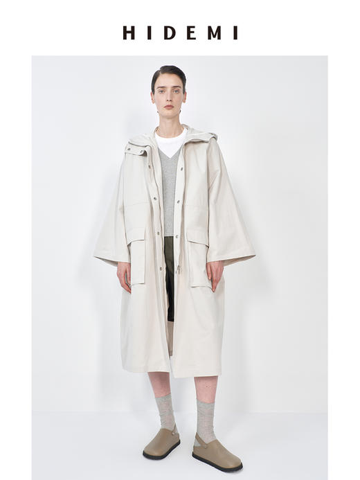 HIDEMI 【娜扎同款】新款冰川灰小男孩系列女装口袋撞钉廓形设计感连帽春日长风衣外套 商品图3