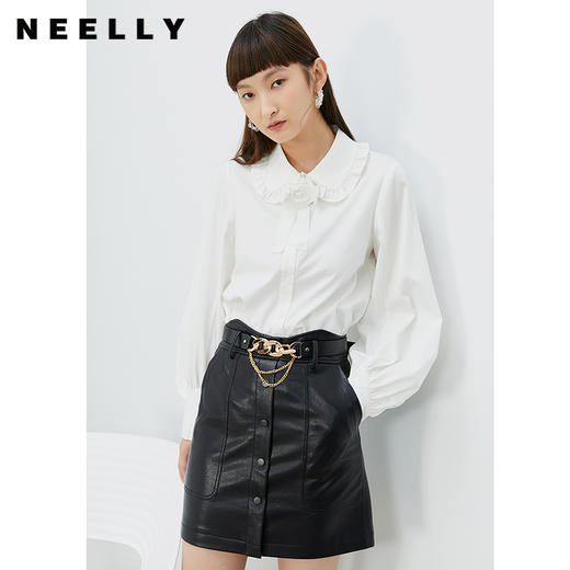NEELLY纳俪商场同款春黑色高腰半身裙女腰带金属装饰包臀裙A字裙N22011E01016 商品图2
