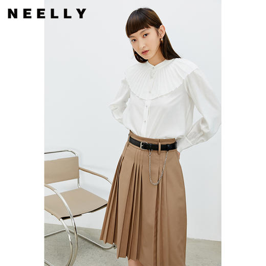 NEELLY纳俪百褶半身裙女春季新款显瘦高腰中长不对称设计感N22074E04426 商品图1