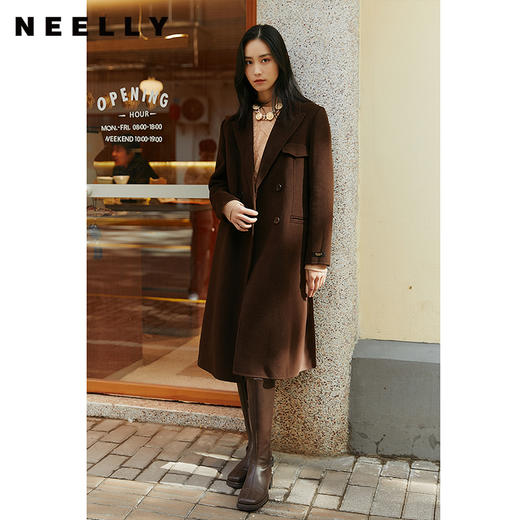NEELLY纳俪冬季翻驳领双面呢大衣女双排扣可脱卸腰带中长款外套N21113N01206 商品图1