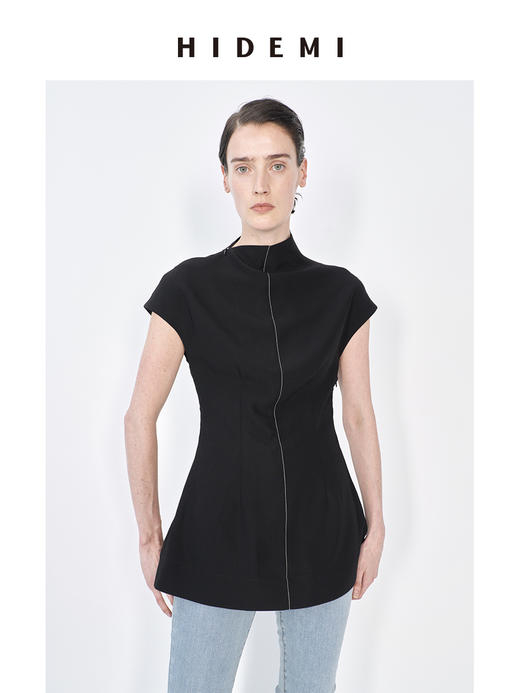 HIDEMI 极简设线条设计感走线黑白撞色不对称立领收腰上衣 商品图1