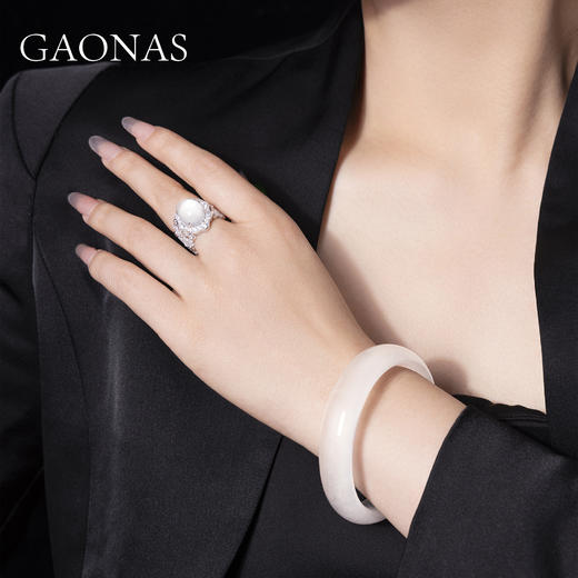 GAONAS 925银合成锆石戒指 白翠凝珠 国风白色蛋形开口戒10301JW 商品图3