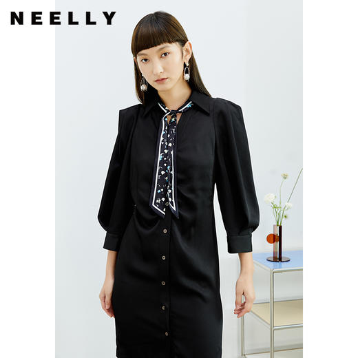 NEELLY纳俪商场同款连衣裙黑色百搭单排扣松紧腰通勤简约A字裙N22074Y04414 商品图1