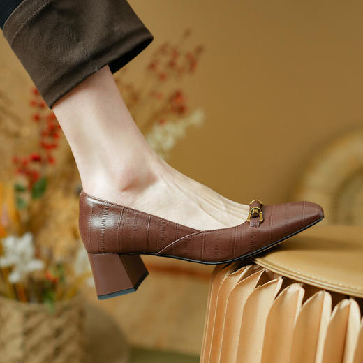 【预售5天】法式方头浅口气质女神范单鞋，女新款粗跟羊皮高跟鞋PS&PS1713 商品图3