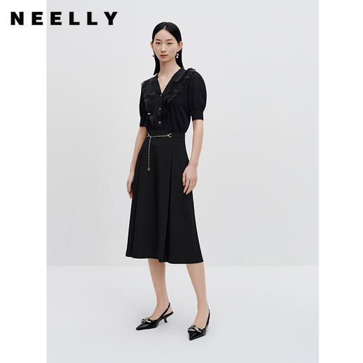 NEELLY纳俪商场同款黑色半身裙女中长款优雅链条系带收腰A字裙N24024E04556 商品图1