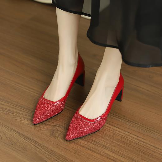 阿么手工女鞋真皮尖头新娘鞋结婚气质百搭亮片婚鞋浅口单鞋6.5CM 商品图4