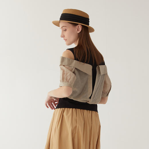 谜底圆领拼接上衣女2024夏季新款时尚优雅露肩短袖衬衫246MS7039 商品图2