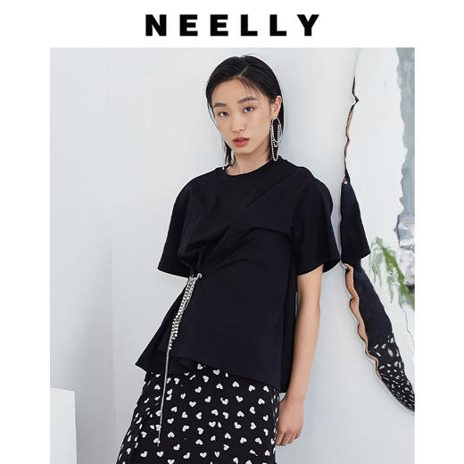 NEELLY纳俪商场同款基础圆领小众金属链条设计感抽绳褶皱短袖T恤N23044T04584 商品图1