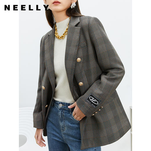 NEELLY纳俪商场同款休闲西装外套女双排扣格纹西服简约通勤外套春N22074W04422 商品图1