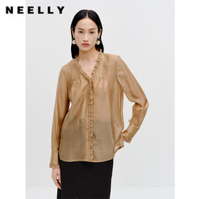 NEELLY纳俪商场同款天丝V领长袖衬衫女秋新品驼色小众设计感上衣N24024B04551