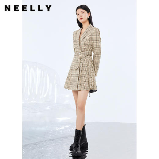 NEELLY纳俪气质复古格纹翻领西装连衣裙女中长款A字裙长袖百褶裙N22074Y04416 商品图2