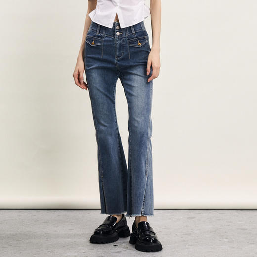 谜底牛仔喇叭裤女2024春新款复古高腰修身微喇开叉长裤241MK0006 商品图0