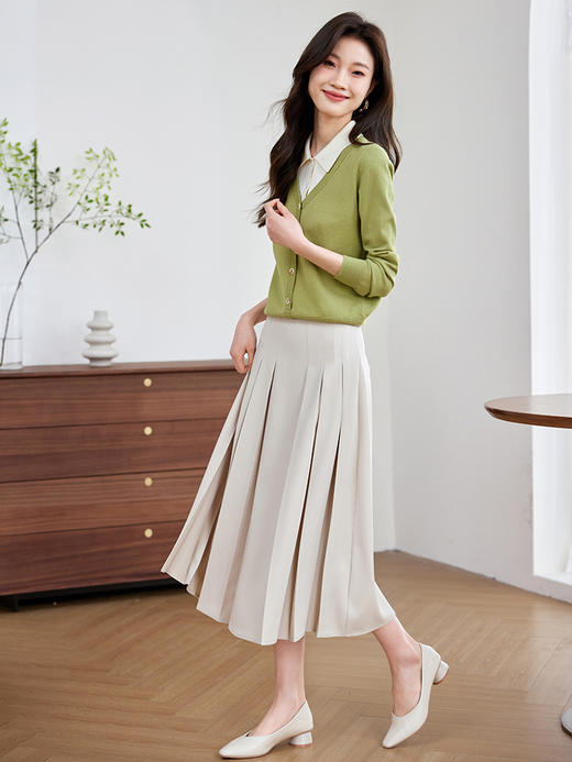 【专属特价】熙世界秋秋假两件绿色针织衫女2025新款通勤学院风衬衫领拼接上衣 商品图4