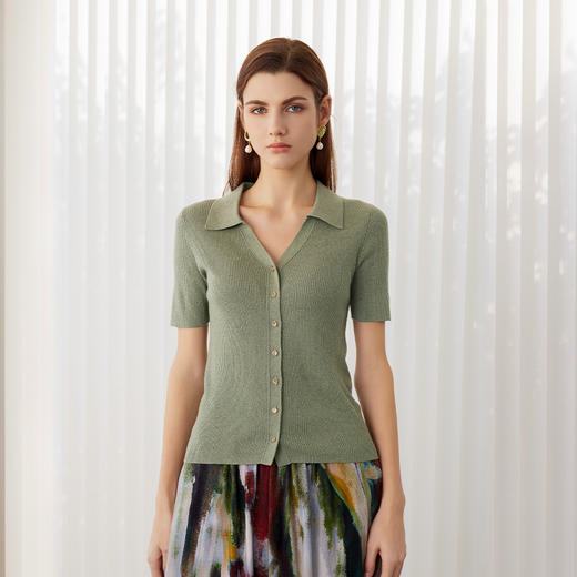 【棉麻坑条纹开衫】24年春夏新品女士短袖针织修身小外套 商品图0