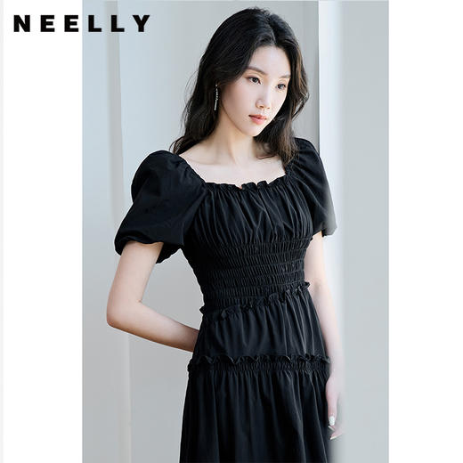 NEELLY纳俪商场同款泡泡袖方领连衣裙女中长款显瘦法式气质小黑裙N23074Y03339 商品图1