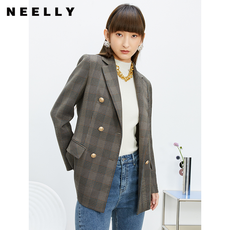 NEELLY纳俪商场同款休闲西装外套女双排扣格纹西服简约通勤外套春N22074W04422