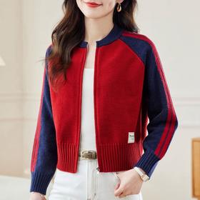 短款立领拼色针织开衫，女高腰小个子春季新款拉链外搭上衣毛衣外套CC-MY-1093