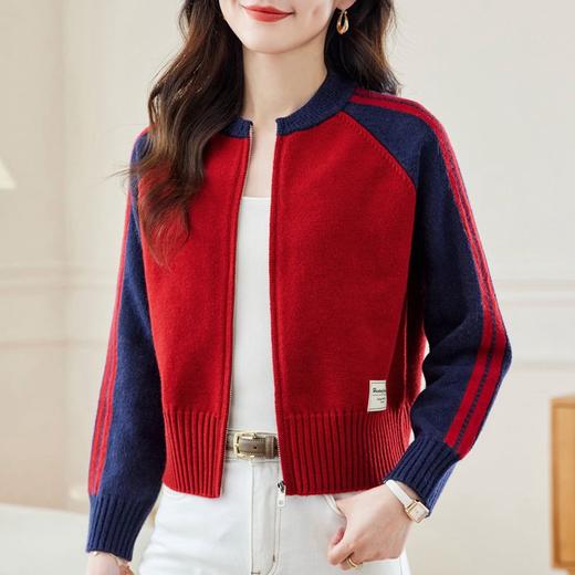 短款立领拼色针织开衫，女高腰小个子春季新款拉链外搭上衣毛衣外套CC-MY-1093 商品图0